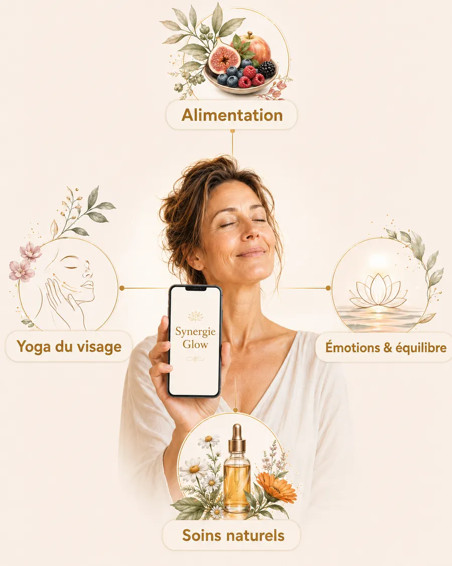 La méthode Nayeli : la femme au centre de ses 4 piliers de beauté en synergie — alimentation, yoga du visage, émotions, soins naturels.