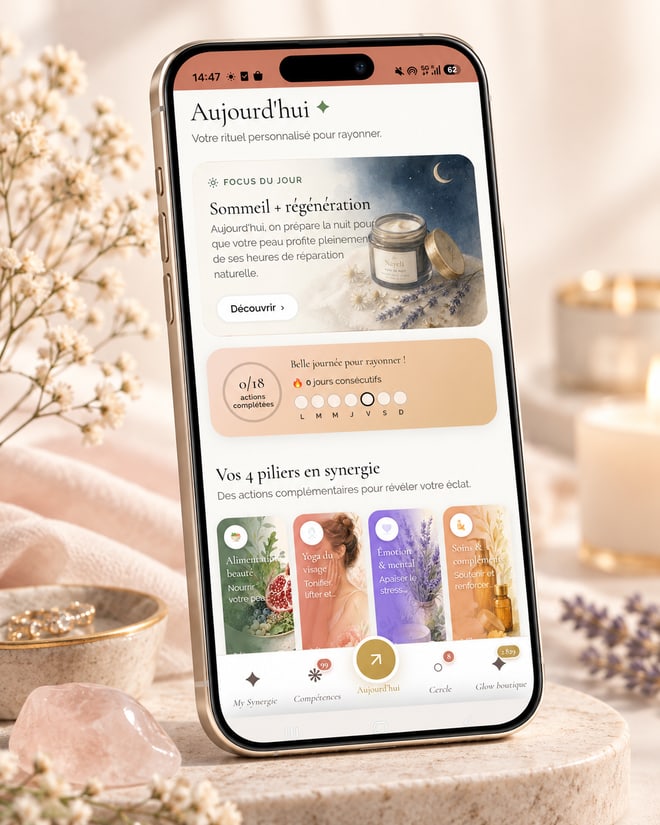 L'application Synergie Glow ouverte sur l'écran Aujourd'hui : le focus du jour et les quatre piliers
